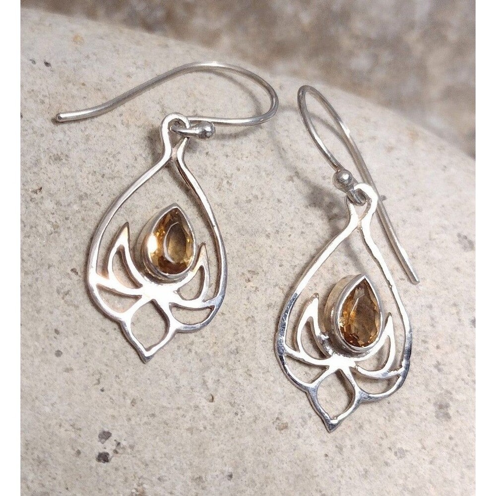 Art Nouveau Style Sterling Silver Yellow Topaz Scroll Dangle Earrings